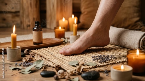 Relaxing spa foot treatment with candles essential oils and natural elements for a soothing experience