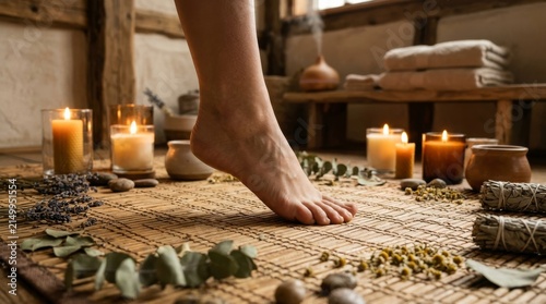 Serene footstep in a tranquil spa setting with candles and natural elements for relaxation and wellness