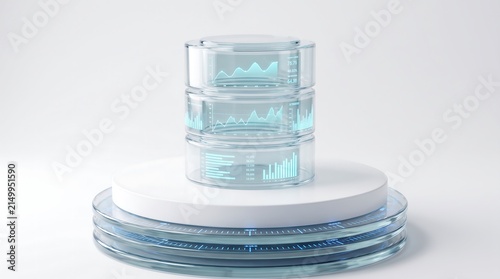 3D glass cylinder platform displaying real-time business data analytics, idea for financial growth, KPI metrics dashboard, database performance