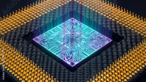 Macroscopic quantum microchip processor with glowing neon circuit traces, idea for hardware innovation, CPU semiconductor, supercomputing