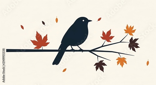 Silhouette bird on autumn branch with falling leaves