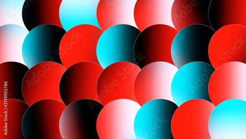 Abstract geometric pattern with colorful overlapping circles, vibrant red and cyan digital circles texture, render illustration.
