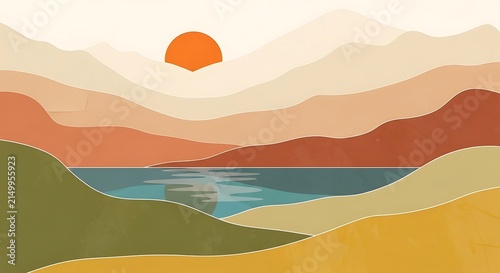 Sunrise over layered mountains and calm water illustration
