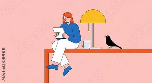 Woman reading tablet on shelf with lamp and bird
