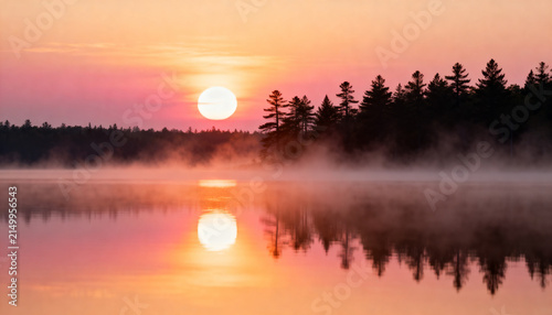 A breathtaking sunrise over a perfectly still mirror-like lake, new beginnings and hope concept