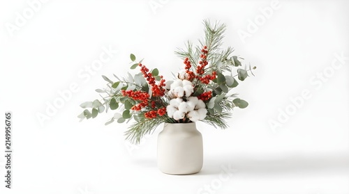 Winter Floral Arrangement in Ceramic Vase with Red Berries, Cotton Flowers, and Eucalyptus