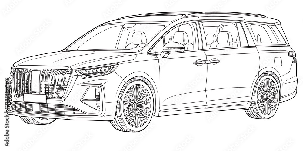 Fototapeta premium Luxury Minivan Technical Line Art, luxury minivan, premium minivan, luxury van, family minivan, passenger van, premium vehicle, executive minivan, modern minivan, spacious vehicle, automotive line art