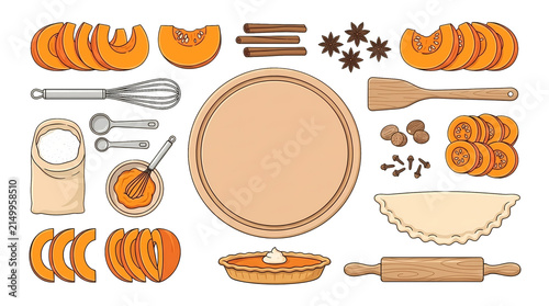 Vector style illustration of Thanksgiving pumpkin pie ingredients and baking utensils arranged neatly on a transparent background