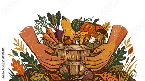 Rustic vector illustration of hands cradling a wooden basket filled with an autumn harvest, representing sustainable farm-to-table agriculture