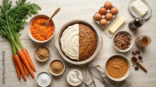 Fresh Homemade Carrot Cake Baking Preparation with Ingredients on Countertop