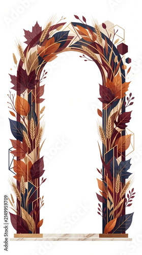 Elegant vector illustration of an Autumn Archway framed with fall leaves, wheat stalks, and geometric lines isolated on a white background
