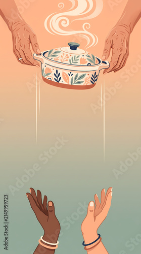 Vertical vector illustration of older hands passing a casserole dish down to diverse younger hands, symbolizing Thanksgiving charity, food sharing, and community support