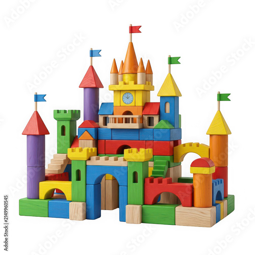 Colorful wooden toy castle for children isolated on transparent background