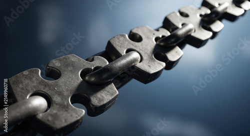 A close-up, detailed view of a strong, interlocking metal chain against a blurred blue background.