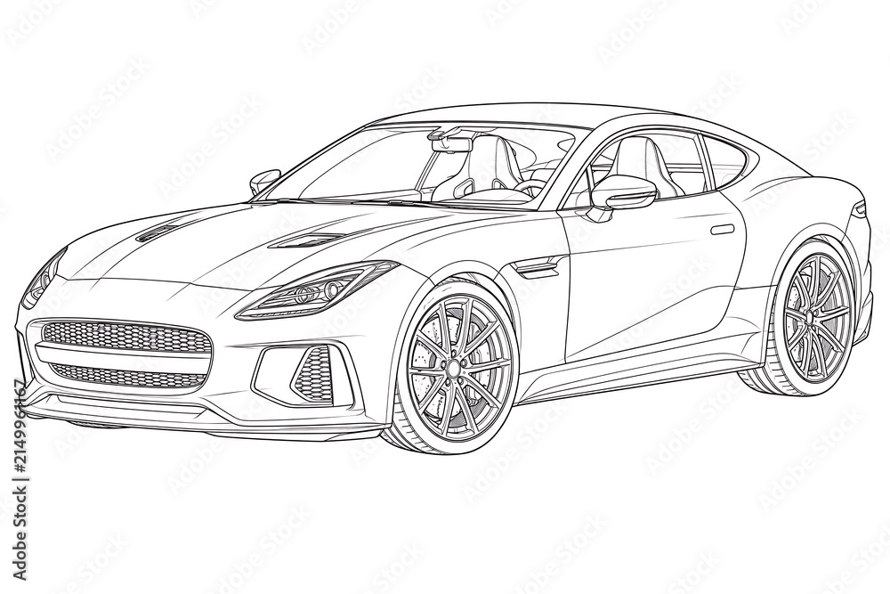Naklejka premium Modern Sports Coupe Black and White Vector Line Art, modern sports coupe, sports coupe, modern sports car, performance car, luxury coupe, premium sports car, two door car, high performance vehicle, st