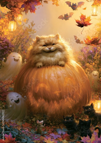 Charming Halloween card with a fluffy cat on a pumpkin amid playful ghosts and festive bats