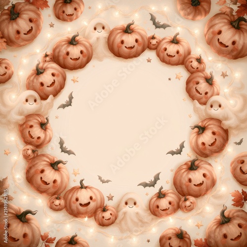 Charming Halloween scene with smiling pumpkins and playful ghosts in a festive design