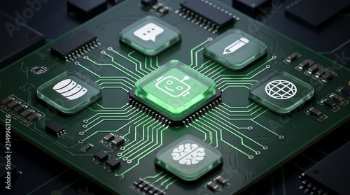Isometric green circuit board with glowing central glass AI agent node and satellite tool tiles, idea for workflow automation, AI platform, system architecture
