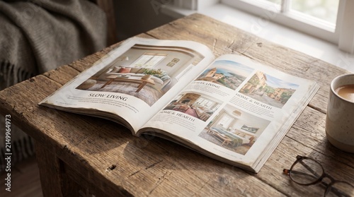 Open magazine on wooden surface with natural light