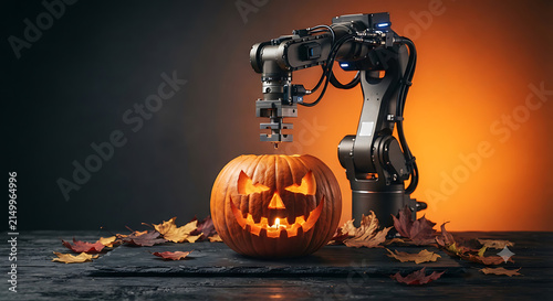 A robotic arm with precision and care is delicately carving a beautiful glowing jack o lantern for a happy halloween and autumn