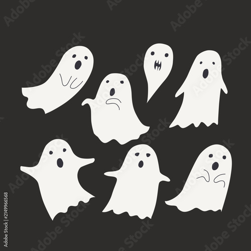 Halloween ghost collection. Season print. Vector illustration on dark background