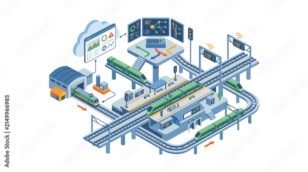Fototapeta premium Isometric Smart Railway Network with Control Tower and Real Time Data Monitoring System