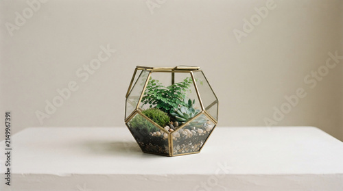 Geometric glass terrarium showcasing miniature plants and moss, symbolizing nature's beauty and tranquility, perfect for home decor or as a gift
