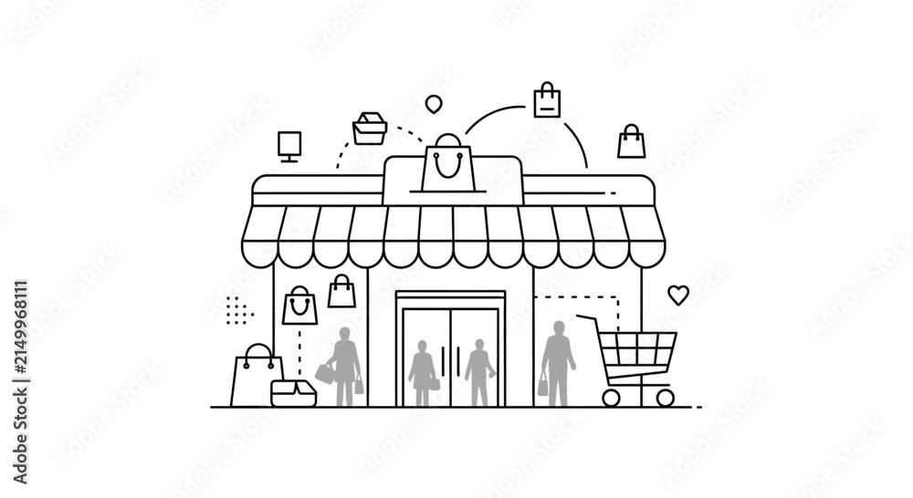 Fototapeta premium Shopping mall facade with shoppers and bags, representing retail and consumerism