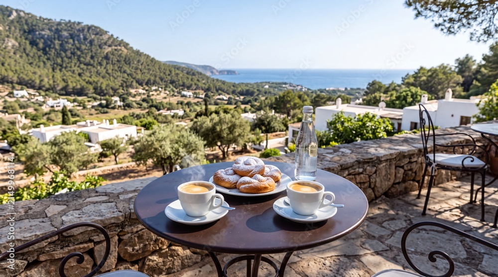 Fototapeta premium Relaxing Morning Coffee and Fresh Pastries on Luxury Resort Terrace with Sea View