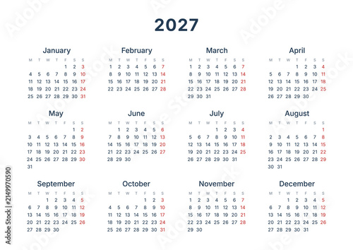 Simple horizontal 2027 calendar with Sundays highlighted. Week starts on Monday. Universal printable template isolated on a transparent background. PNG