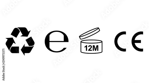 Product labeling vector set showing recycling symbol, estimated mark, 12 month PAO icon, and CE mark isolated.