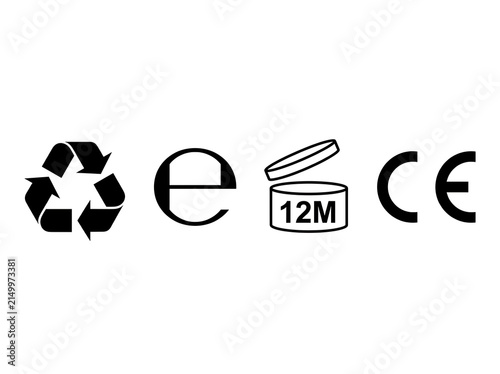 Standard packaging icons for cosmetics containing recycling symbol, estimated sign, 12M jar, and CE certification logo.