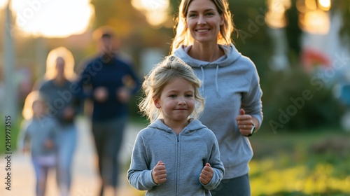 Mother jogging beside hesitant child on park path with family ahead