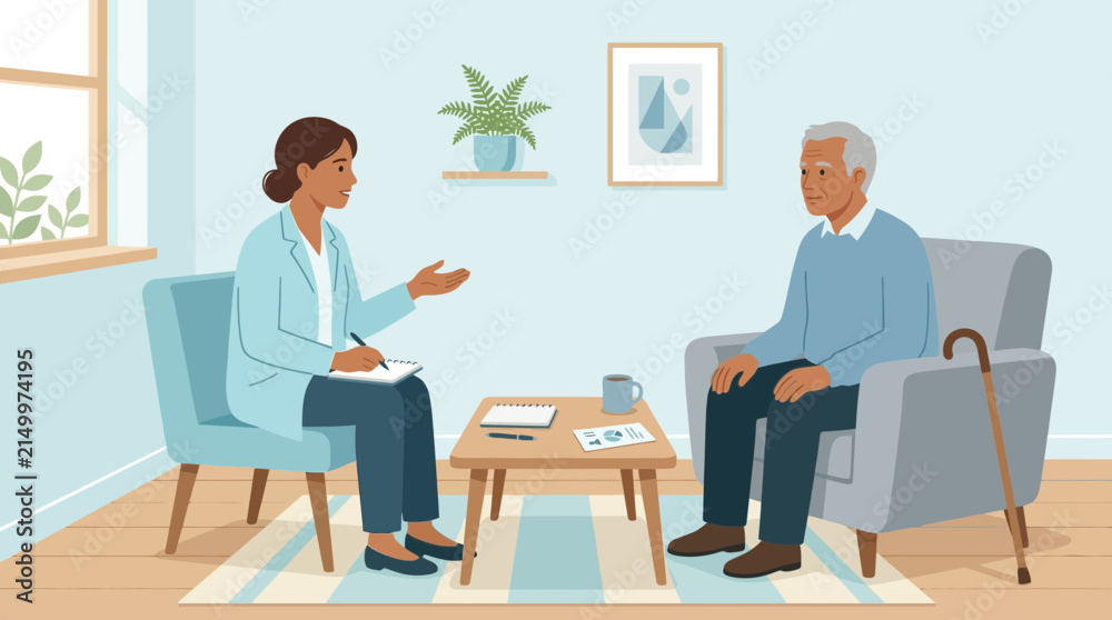 Fototapeta premium Therapist talking to elderly man in comfortable room, mental health support