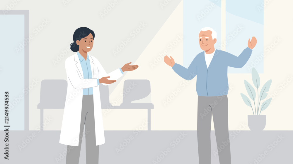 Obraz premium Doctor and patient smiling in clinic, welcoming gesture, healthcare concept