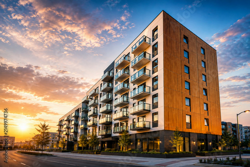 Quadro su tela Modern apartment complex with glass balconies under a vibrant sunset sky