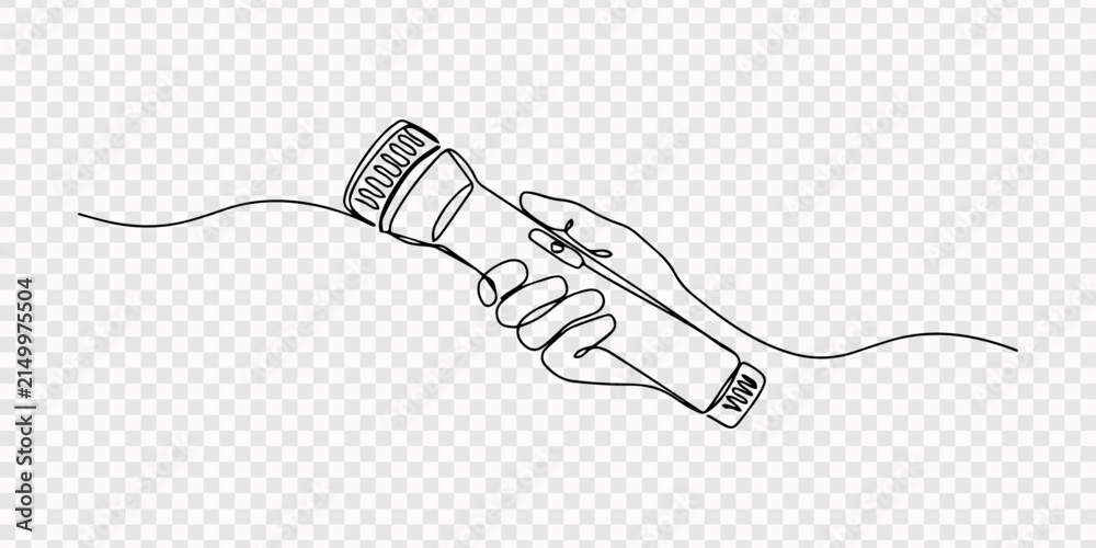 Obraz premium Continuous Line Drawing of Hand Holding a Flashlight, Portable equipment concept. Editable outline, Single line drawing illustration of Hand with Flashlight. Flashlight searching in darkness concept. 
