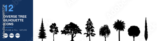 Diverse Tree Silhouette Icons Nameplate Abstract Visual Background with Clean Commercial Design Style