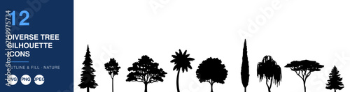 Diverse Tree Silhouette Icons Nameplate Abstract Visual Background with Clean Commercial Design Style
