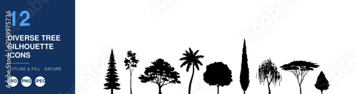 Tree Silhouettes Collection Showcasing Twelve Diverse Species in Outline and Fill Styles for Nature Designs