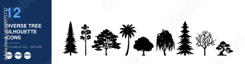 Diverse Tree Silhouette Icons Nameplate Abstract Visual Background with Clean Commercial Design Style
