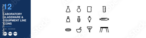 Laboratory Glassware and Equipment Icons Set in Flat Line Style for Scientific and Educational Use Featuring Science, Chemistry