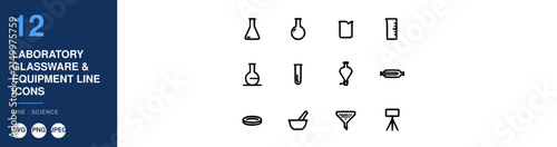 Laboratory Glassware and Equipment Line Icons Set with Beakers, Flasks, Test Tubes, and Scientific Tools