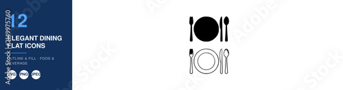 Dining Icons Set Featuring Elegant Flat Design Elements for Culinary and Restaurant Themes Featuring Food, Cutlery, Fork