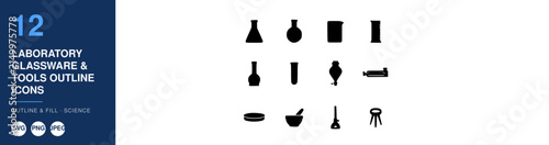 Laboratory Glassware and Tools Outline Icons Set with Beakers, Flasks, Test Tubes, and Scientific Equipment for Educational Use