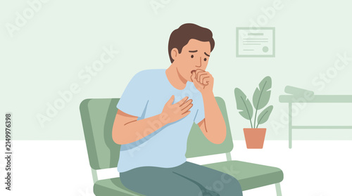 Man coughing in waiting room, feeling unwell, medical concept
