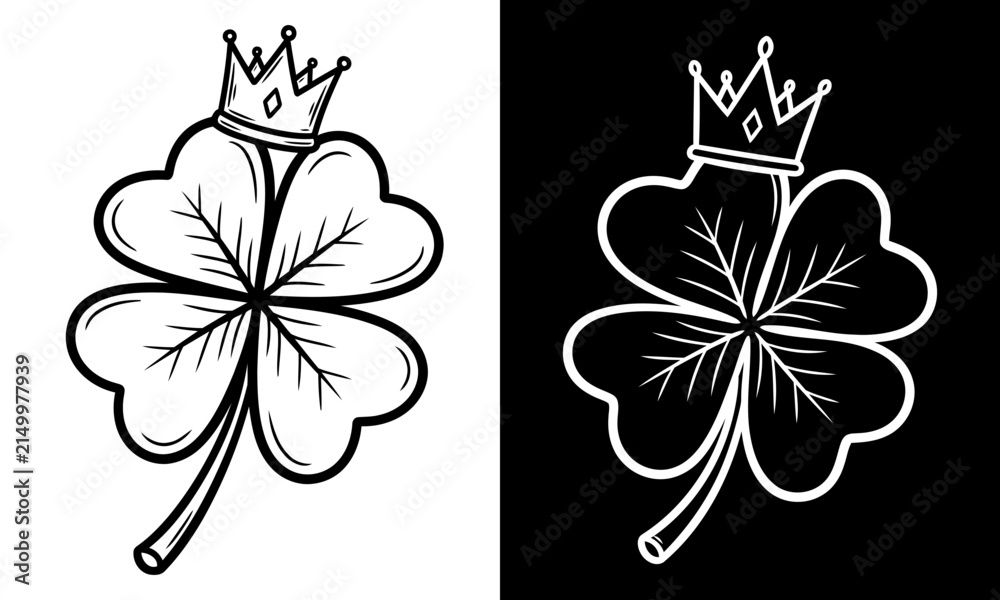 Fototapeta premium Black and white line art illustration of a lucky four leaf clover wearing a royal crown