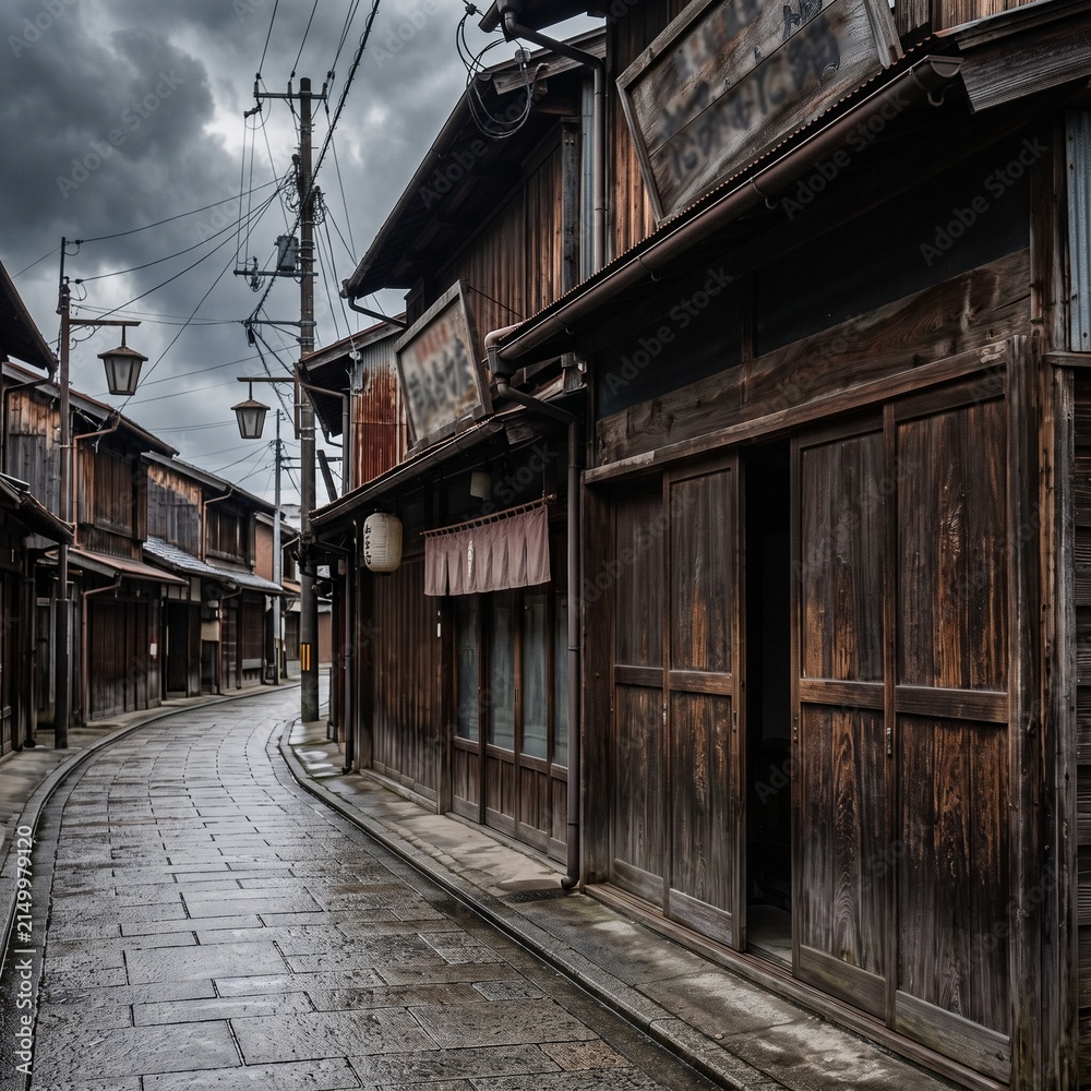 Fototapeta premium Shopping Street Shutters Closed Before Typhoon, Japan