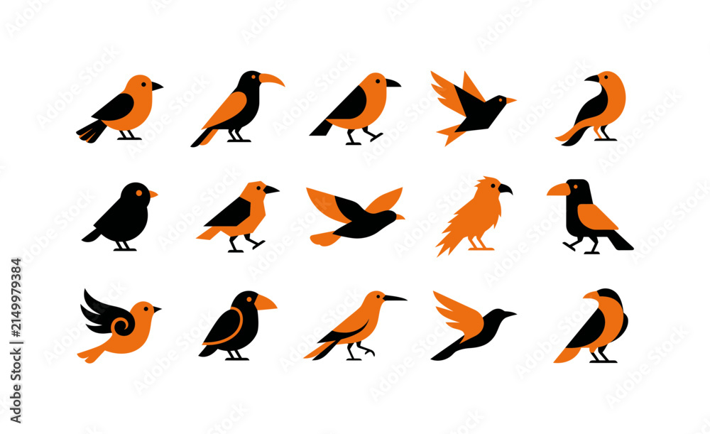 Obraz premium Collection of various crow bird illustrations in different poses and orange and black colors