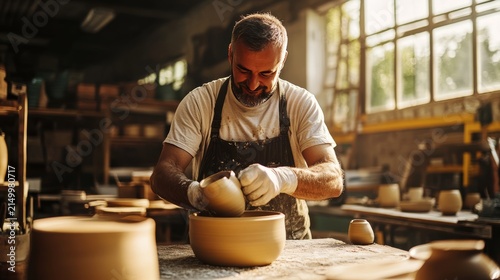 Master Artisan at Work: A skilled potter, with focused intensity, shapes clay on a pottery wheel in a sun-drenched workshop, his hands expertly crafting a new masterpiece.